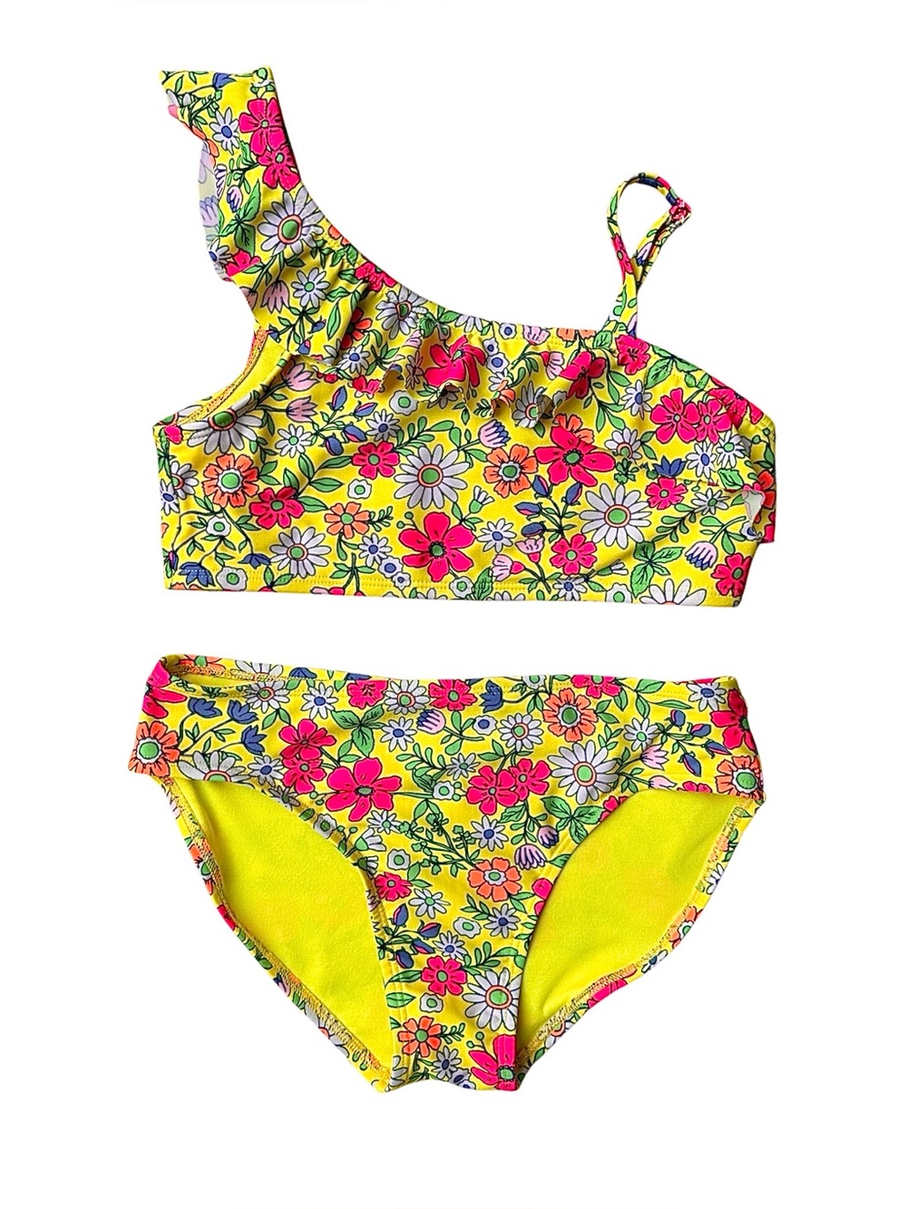 Cat & Jack 10/12 Girls yellow pink floral Ruffle 2 piece swim suit set
